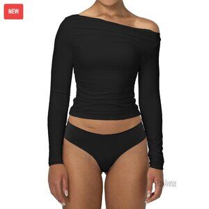 Long Sleeve Off Shoulder Top Slim Fit Double Lined Boat Neck